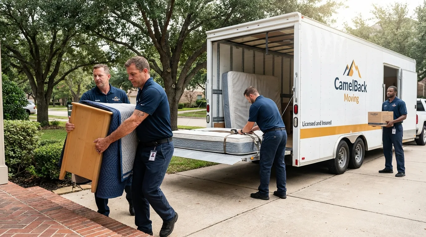 Crew loading residential truck for cross-state move from Hanover, MN