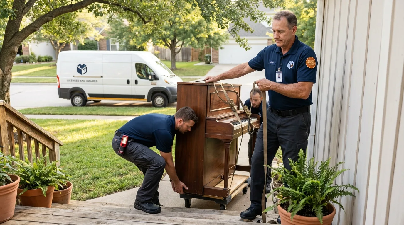 Licensed piano movers securing grand piano in Hanover, MN